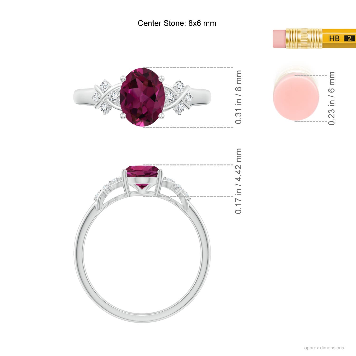8x6mm AAAA Solitaire Oval Rhodolite Criss Cross Ring with Diamonds in White Gold - ruler