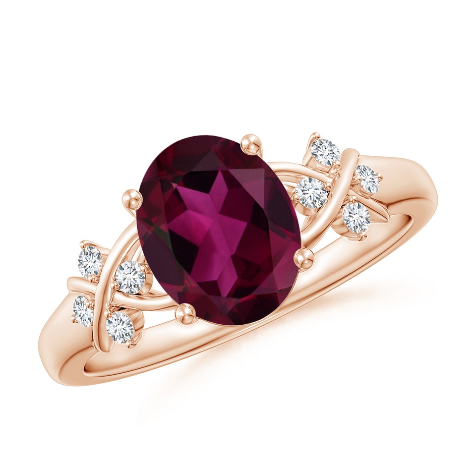 9x7mm AAA Solitaire Oval Rhodolite Criss Cross Ring with Diamonds in Rose Gold 
