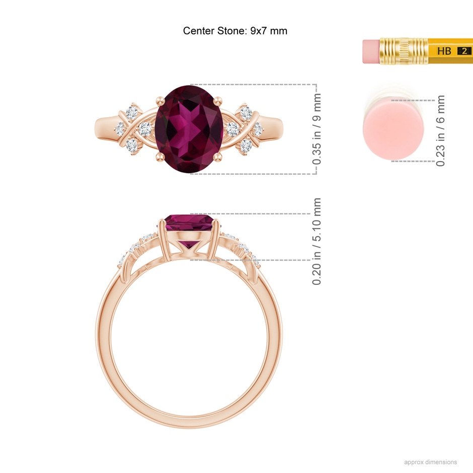 9x7mm AAA Solitaire Oval Rhodolite Criss Cross Ring with Diamonds in Rose Gold ruler