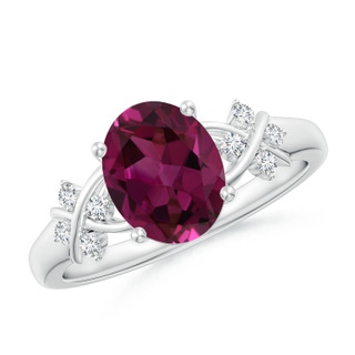 9x7mm AAAA Solitaire Oval Rhodolite Criss Cross Ring with Diamonds in P950 Platinum