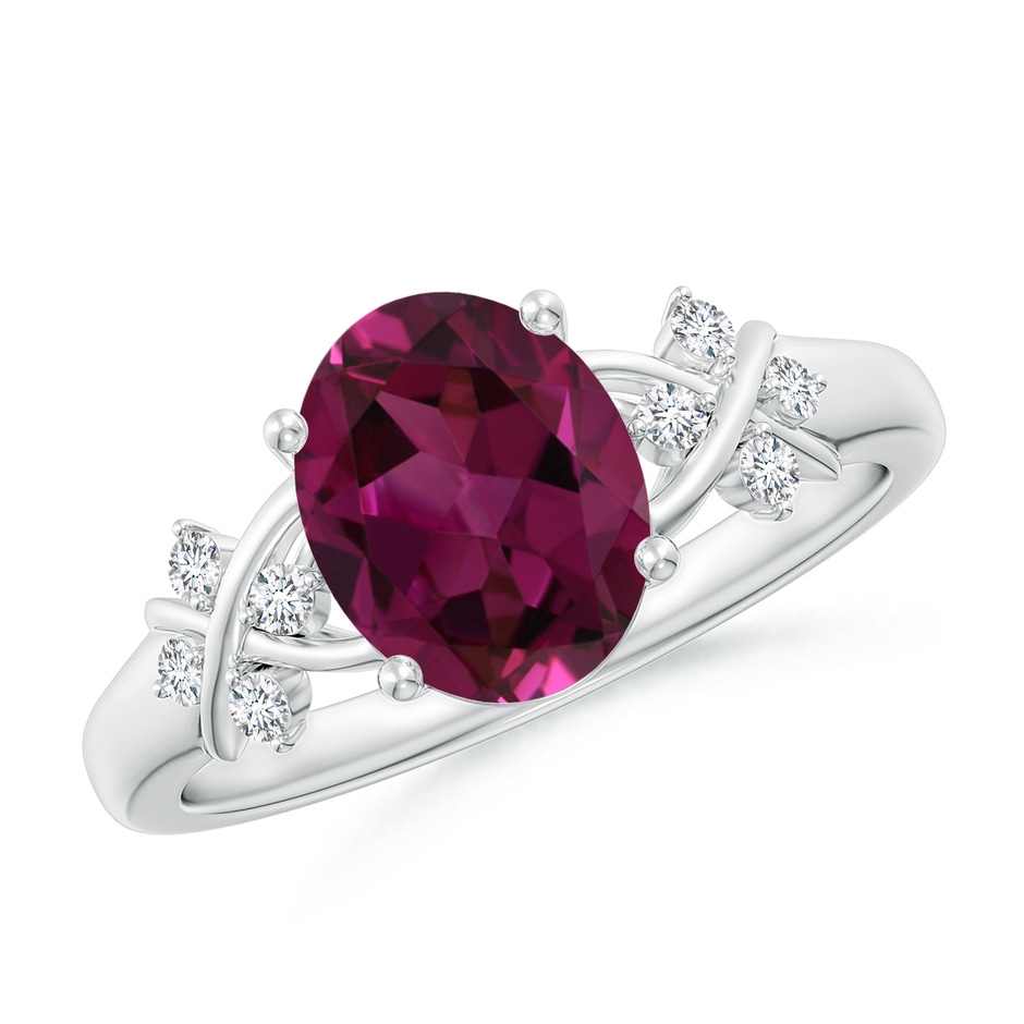 9x7mm AAAA Solitaire Oval Rhodolite Criss Cross Ring with Diamonds in P950 Platinum 