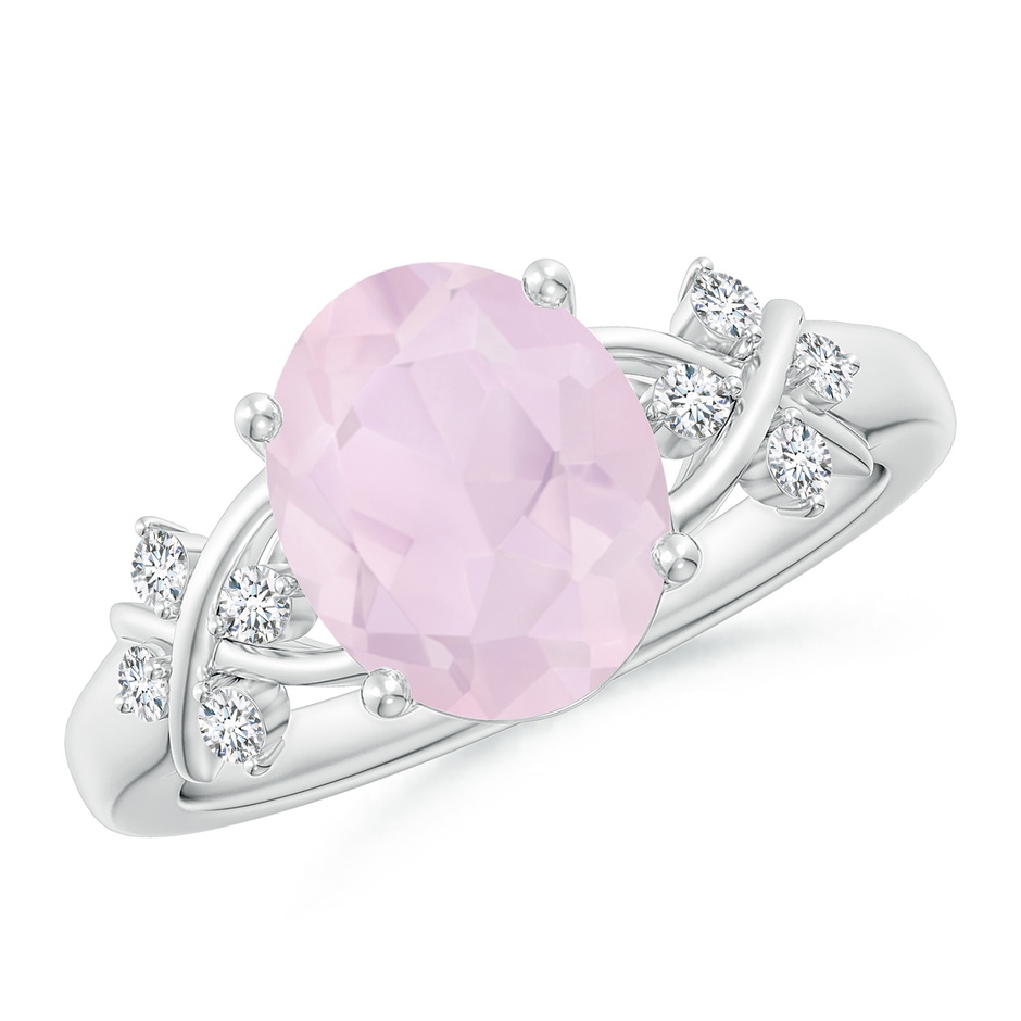 10x8mm A Solitaire Oval Rose Quartz Criss Cross Ring with Diamonds in White Gold 
