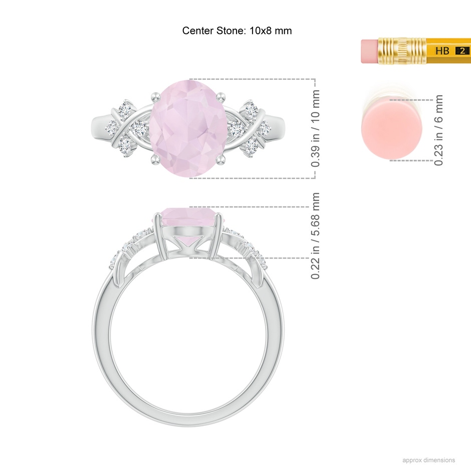10x8mm A Solitaire Oval Rose Quartz Criss Cross Ring with Diamonds in White Gold ruler