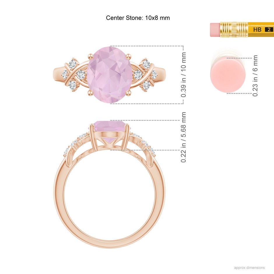 10x8mm AAA Solitaire Oval Rose Quartz Criss Cross Ring with Diamonds in Rose Gold ruler