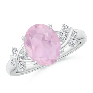 10x8mm AAA Solitaire Oval Rose Quartz Criss Cross Ring with Diamonds in White Gold