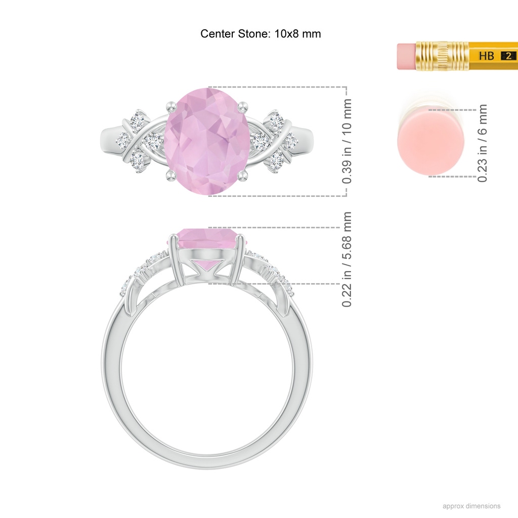10x8mm AAAA Solitaire Oval Rose Quartz Criss Cross Ring with Diamonds in P950 Platinum Ruler