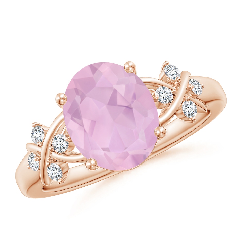 10x8mm AAAA Solitaire Oval Rose Quartz Criss Cross Ring with Diamonds in Rose Gold 
