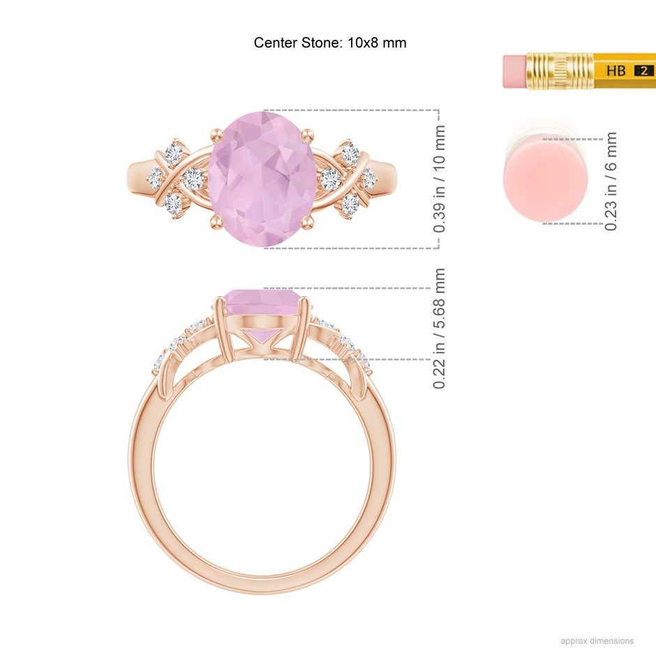 10x8mm AAAA Solitaire Oval Rose Quartz Criss Cross Ring with Diamonds in Rose Gold ruler