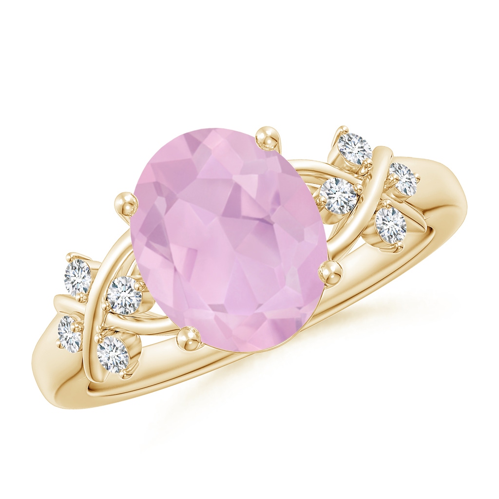 10x8mm AAAA Solitaire Oval Rose Quartz Criss Cross Ring with Diamonds in Yellow Gold