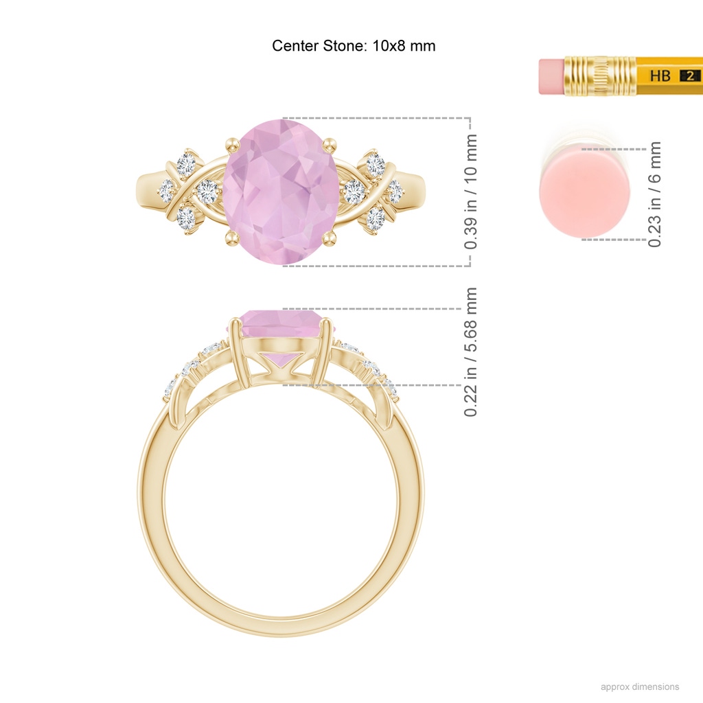 10x8mm AAAA Solitaire Oval Rose Quartz Criss Cross Ring with Diamonds in Yellow Gold Ruler