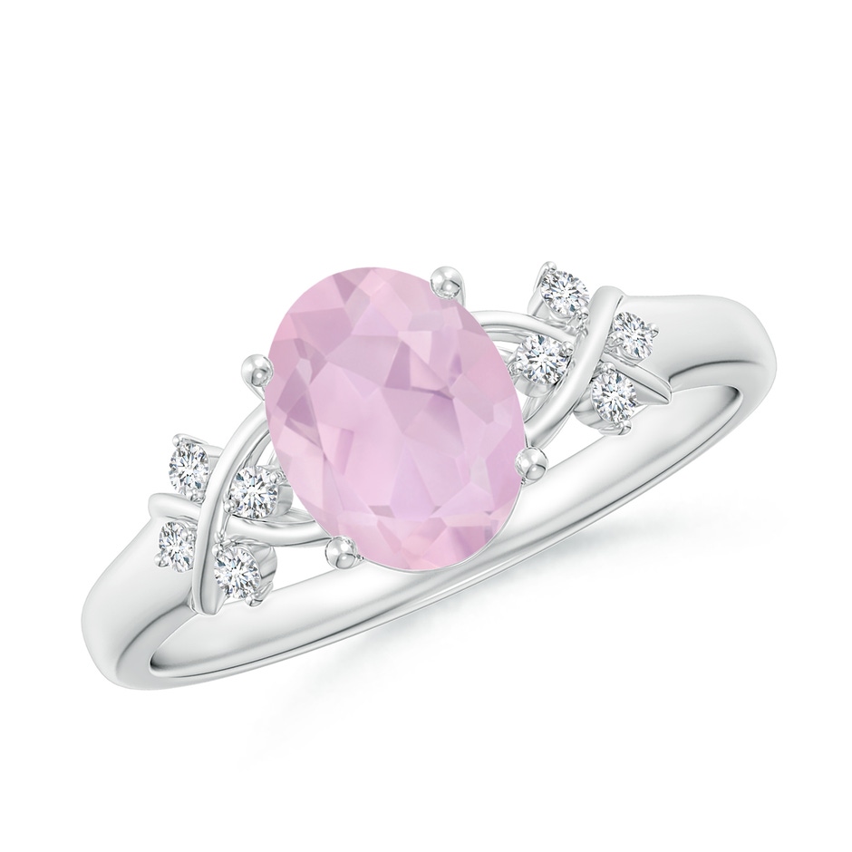 8x6mm AAA Solitaire Oval Rose Quartz Criss Cross Ring with Diamonds in White Gold 