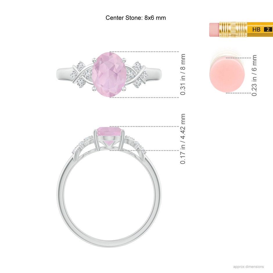 8x6mm AAA Solitaire Oval Rose Quartz Criss Cross Ring with Diamonds in White Gold ruler