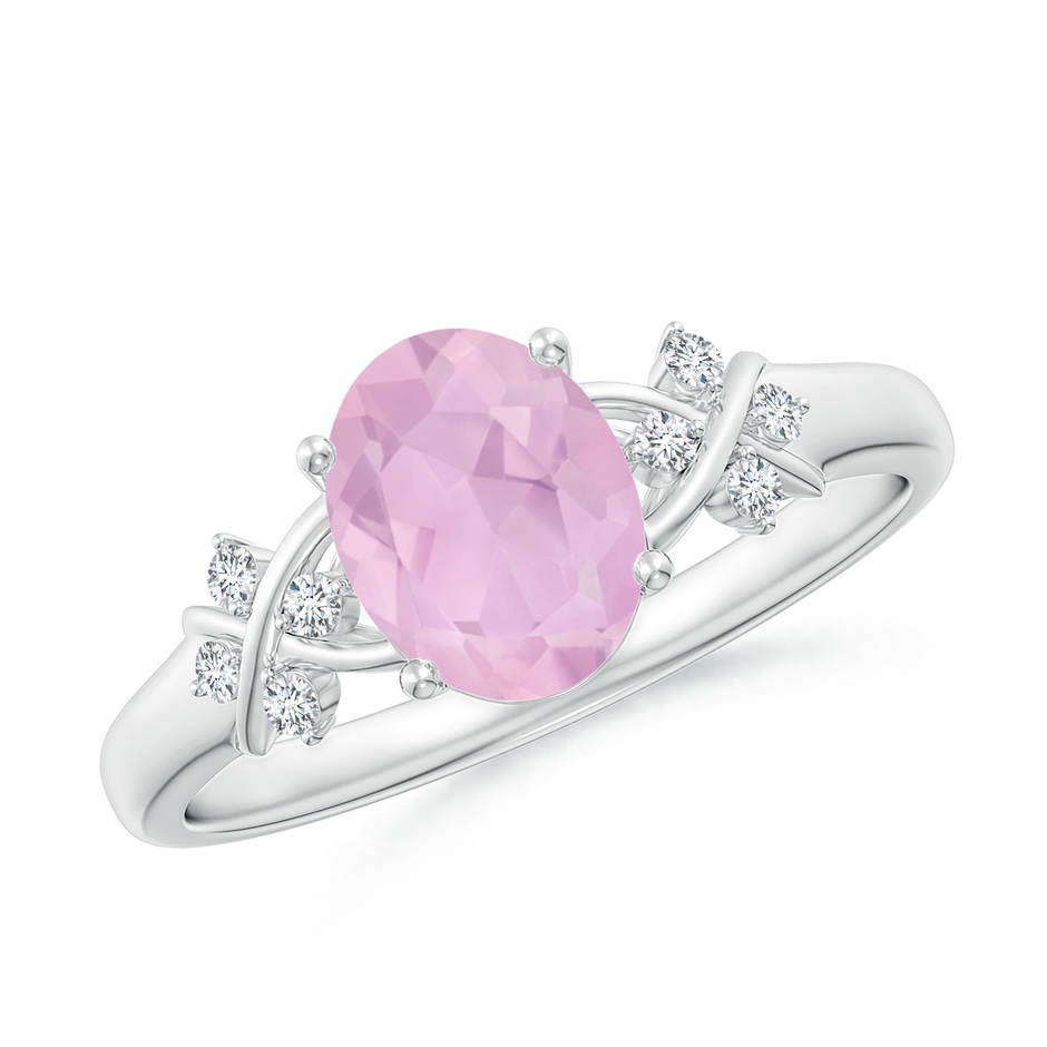 8x6mm AAAA Solitaire Oval Rose Quartz Criss Cross Ring with Diamonds in P950 Platinum 