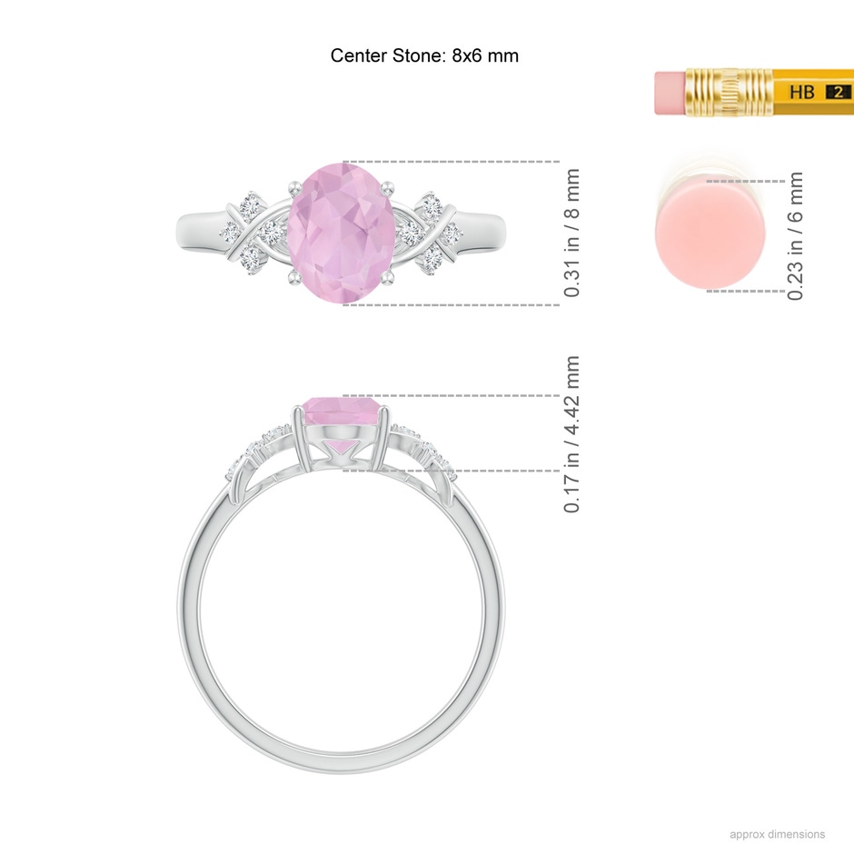 8x6mm AAAA Solitaire Oval Rose Quartz Criss Cross Ring with Diamonds in P950 Platinum ruler