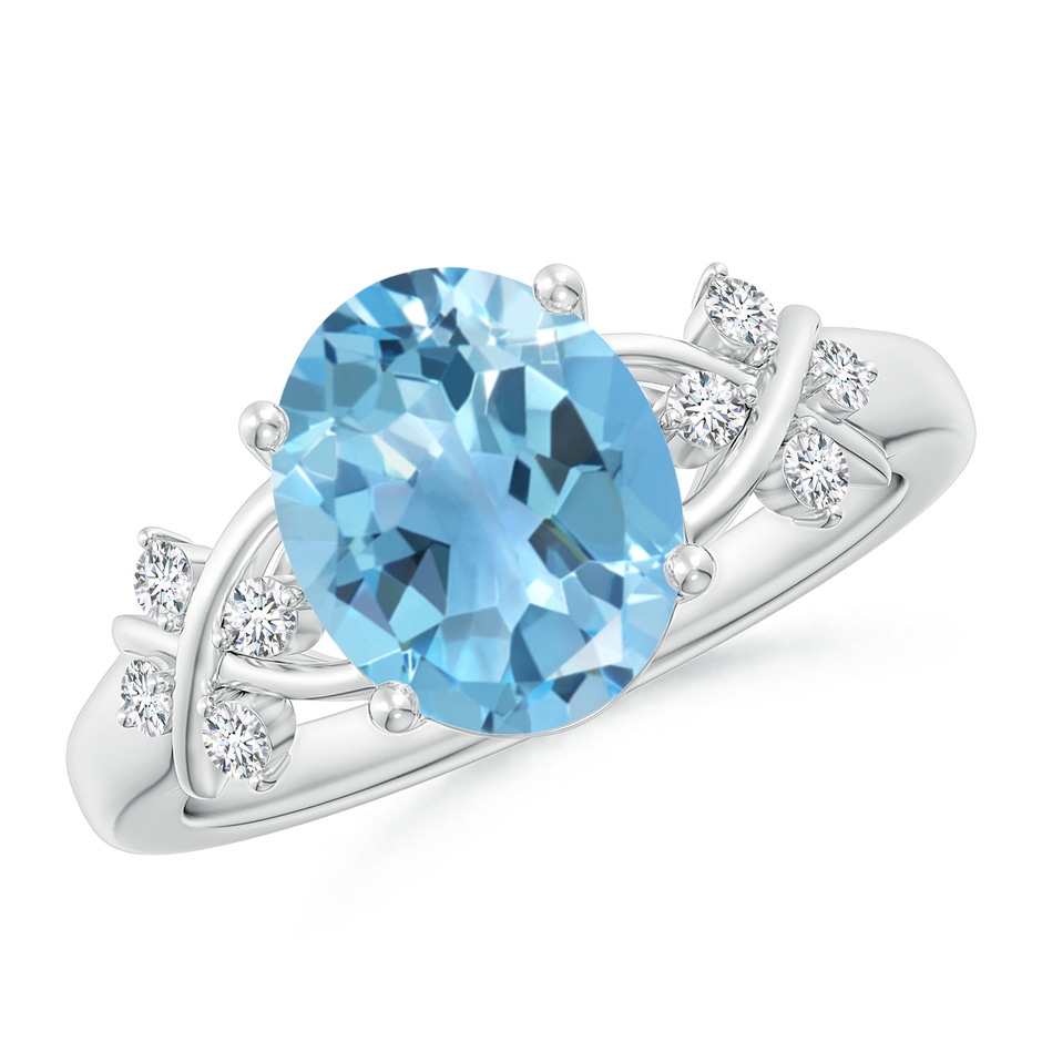 10x8mm A Solitaire Oval Swiss Blue Topaz Criss Cross Ring with Diamonds in P950 Platinum 