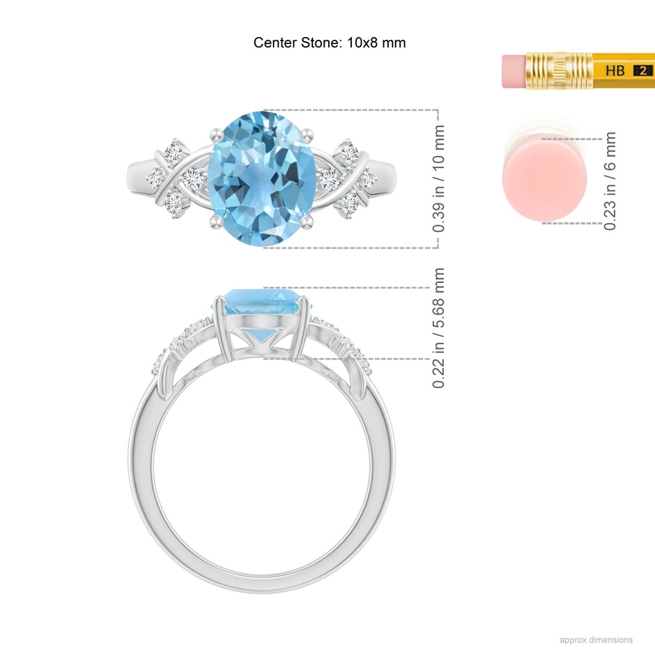10x8mm A Solitaire Oval Swiss Blue Topaz Criss Cross Ring with Diamonds in P950 Platinum ruler