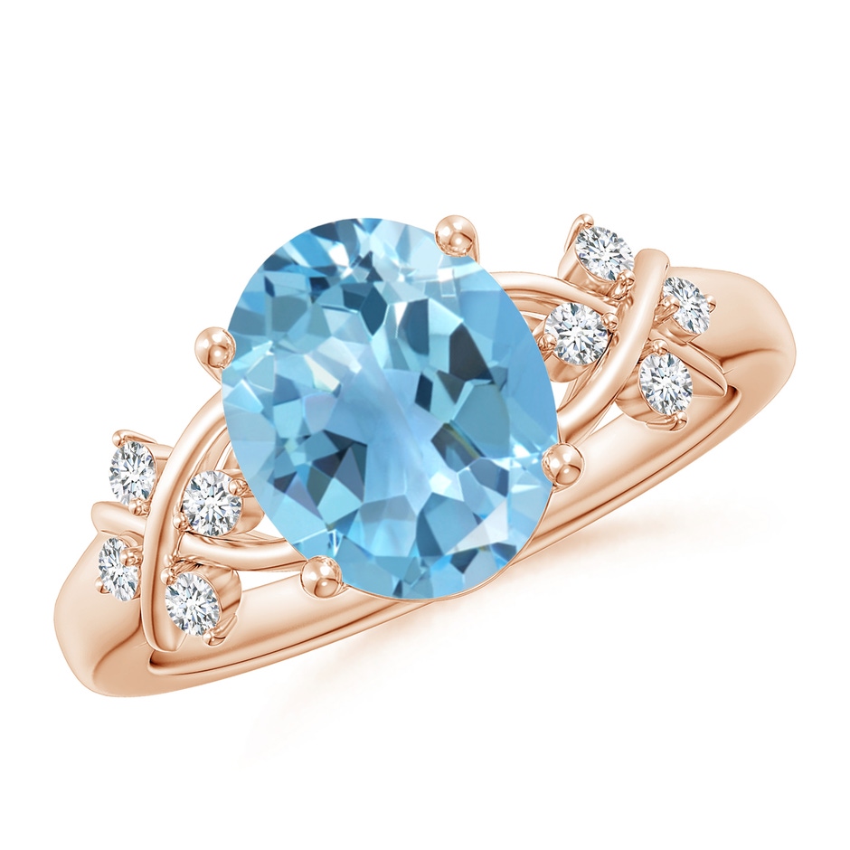 10x8mm A Solitaire Oval Swiss Blue Topaz Criss Cross Ring with Diamonds in Rose Gold 