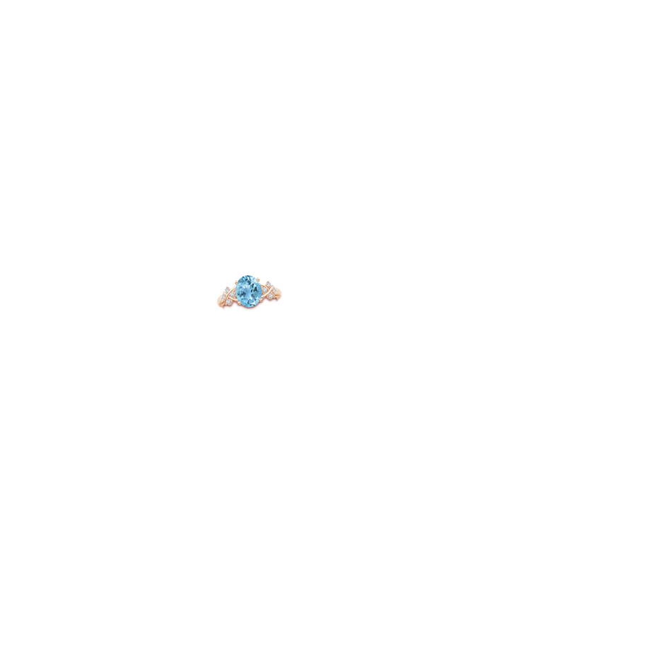 10x8mm A Solitaire Oval Swiss Blue Topaz Criss Cross Ring with Diamonds in Rose Gold body-hand