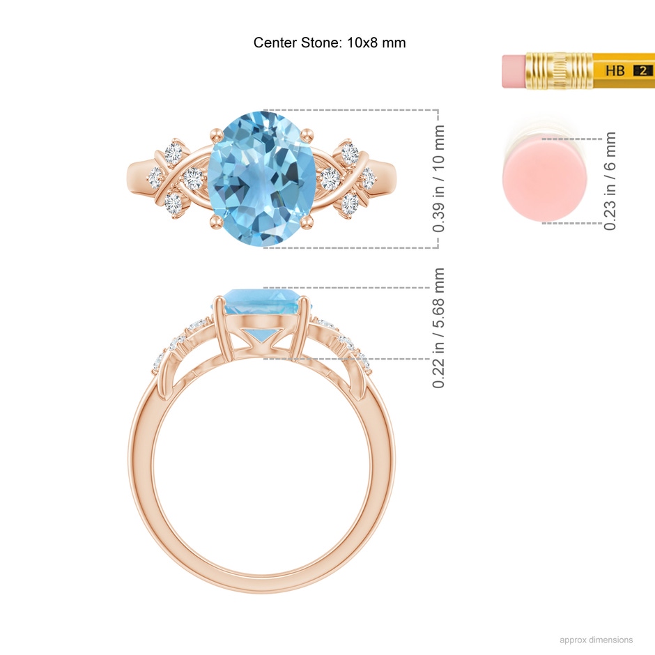 10x8mm A Solitaire Oval Swiss Blue Topaz Criss Cross Ring with Diamonds in Rose Gold ruler