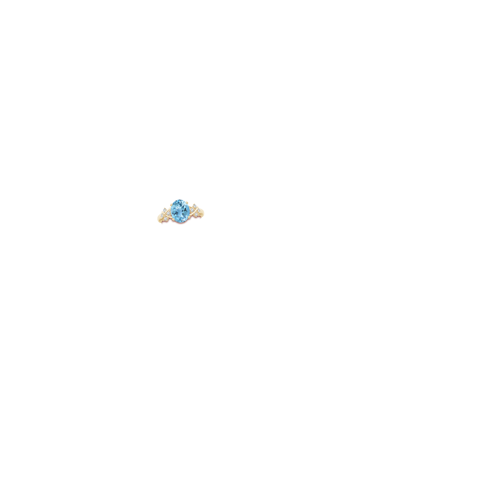 10x8mm A Solitaire Oval Swiss Blue Topaz Criss Cross Ring with Diamonds in Yellow Gold body-hand