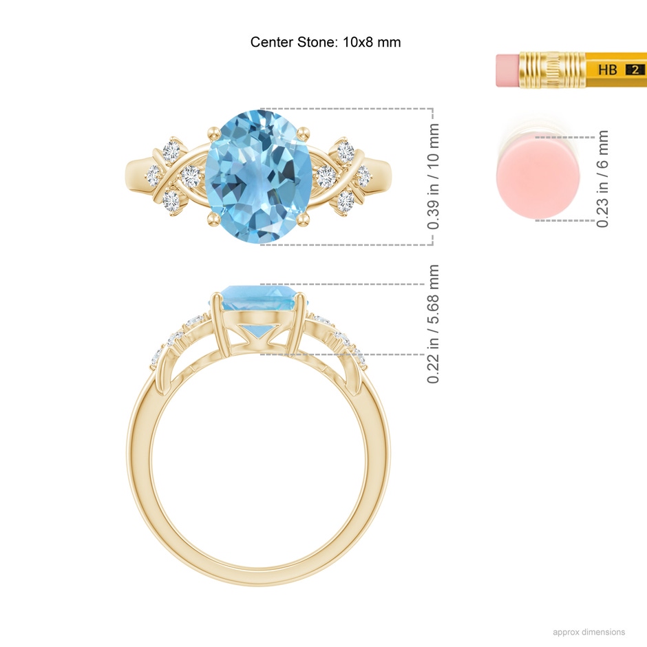 10x8mm A Solitaire Oval Swiss Blue Topaz Criss Cross Ring with Diamonds in Yellow Gold ruler