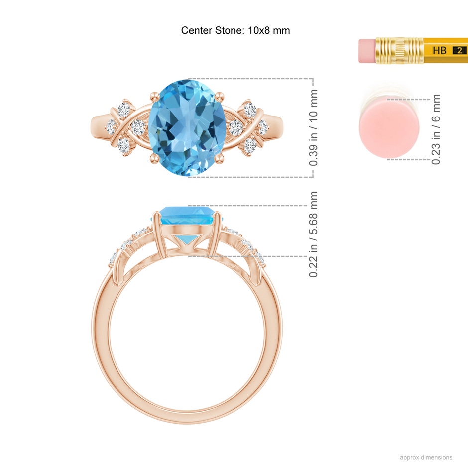 10x8mm AA Solitaire Oval Swiss Blue Topaz Criss Cross Ring with Diamonds in Rose Gold ruler
