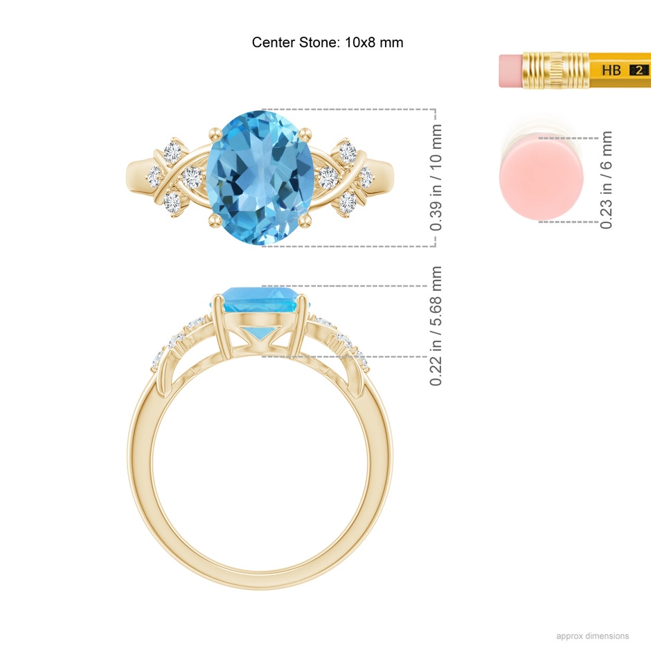 10x8mm AA Solitaire Oval Swiss Blue Topaz Criss Cross Ring with Diamonds in Yellow Gold ruler