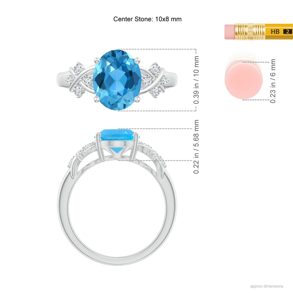 10x8mm AAA Solitaire Oval Swiss Blue Topaz Criss Cross Ring with Diamonds in P950 Platinum ruler