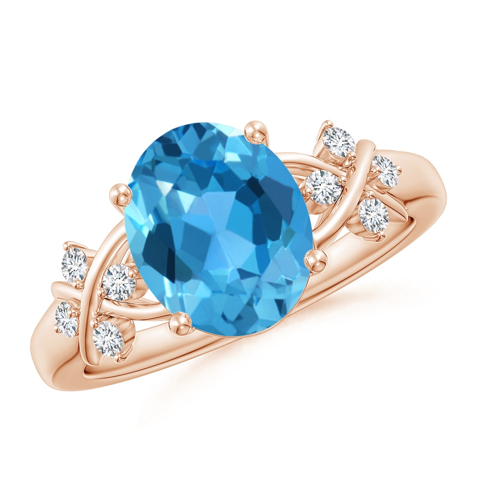10x8mm AAA Solitaire Oval Swiss Blue Topaz Criss Cross Ring with Diamonds in Rose Gold 