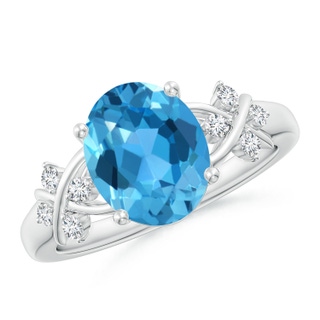 10x8mm AAA Solitaire Oval Swiss Blue Topaz Criss Cross Ring with Diamonds in White Gold