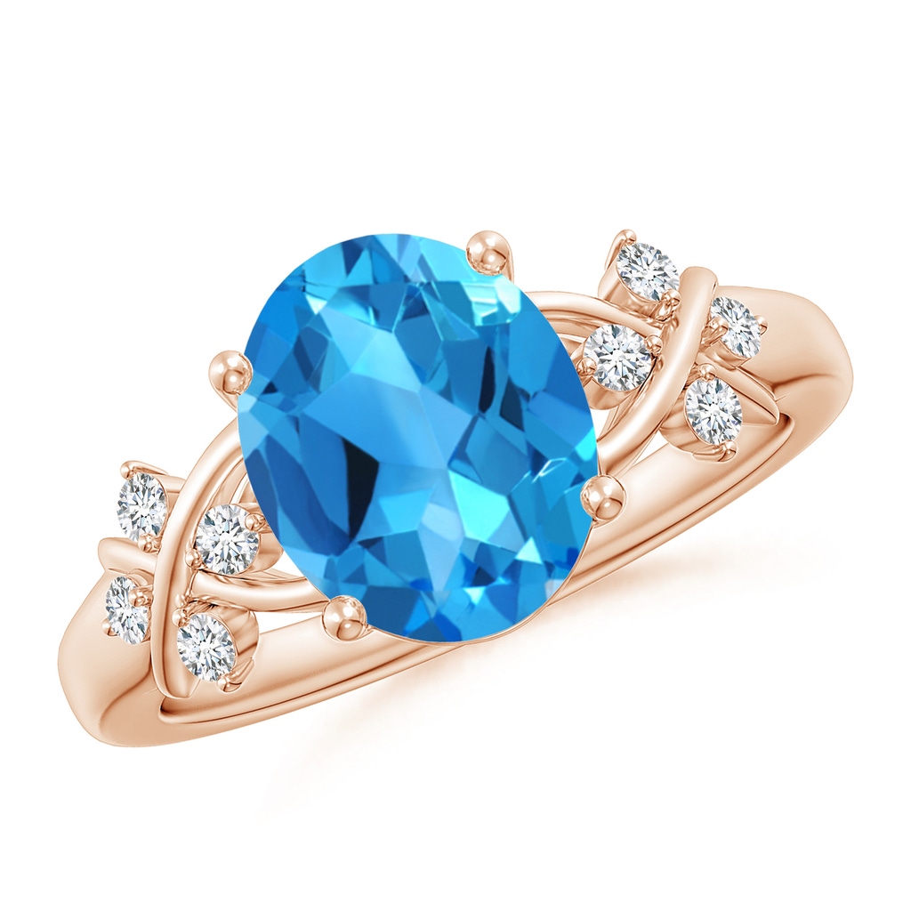 10x8mm AAAA Solitaire Oval Swiss Blue Topaz Criss Cross Ring with Diamonds in Rose Gold