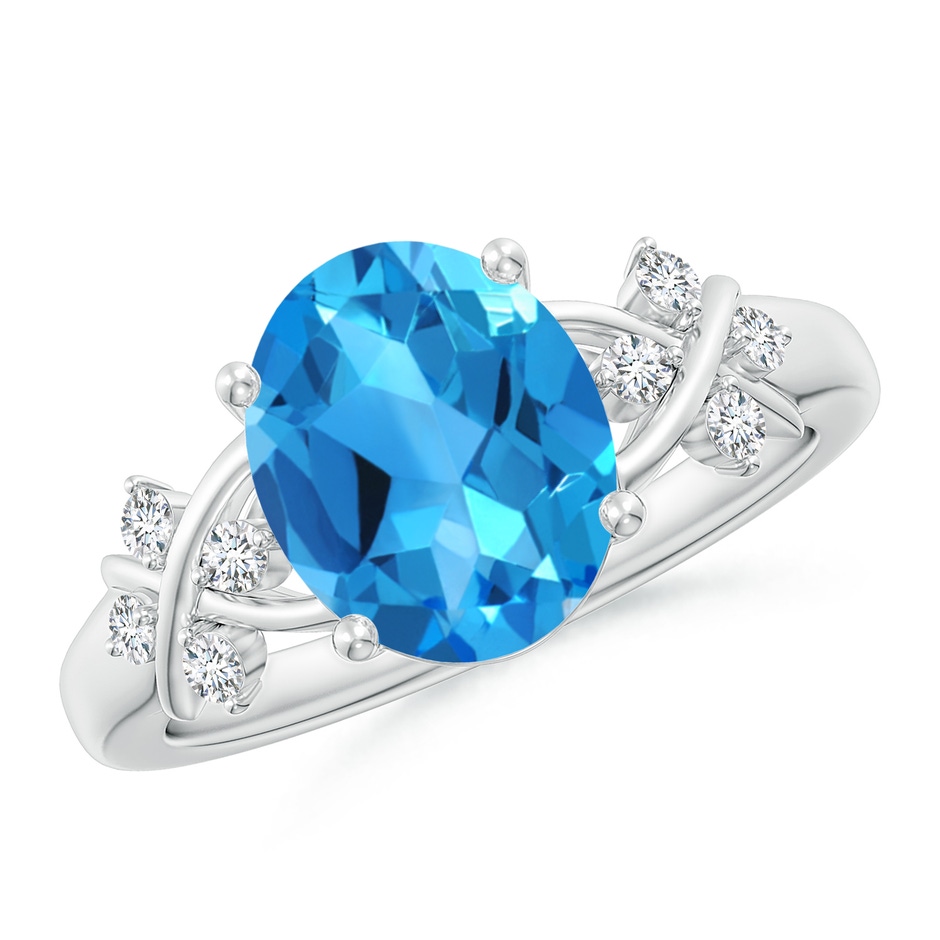 10x8mm AAAA Solitaire Oval Swiss Blue Topaz Criss Cross Ring with Diamonds in White Gold 