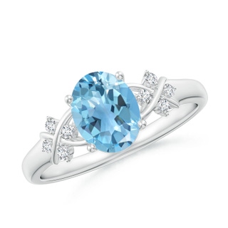 8x6mm A Solitaire Oval Swiss Blue Topaz Criss Cross Ring with Diamonds in P950 Platinum