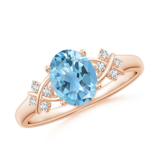 8x6mm A Solitaire Oval Swiss Blue Topaz Criss Cross Ring with Diamonds in Rose Gold