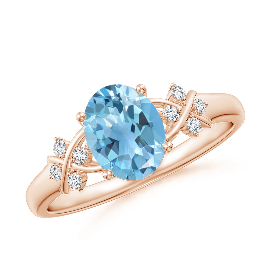 8x6mm A Solitaire Oval Swiss Blue Topaz Criss Cross Ring with Diamonds in Rose Gold 