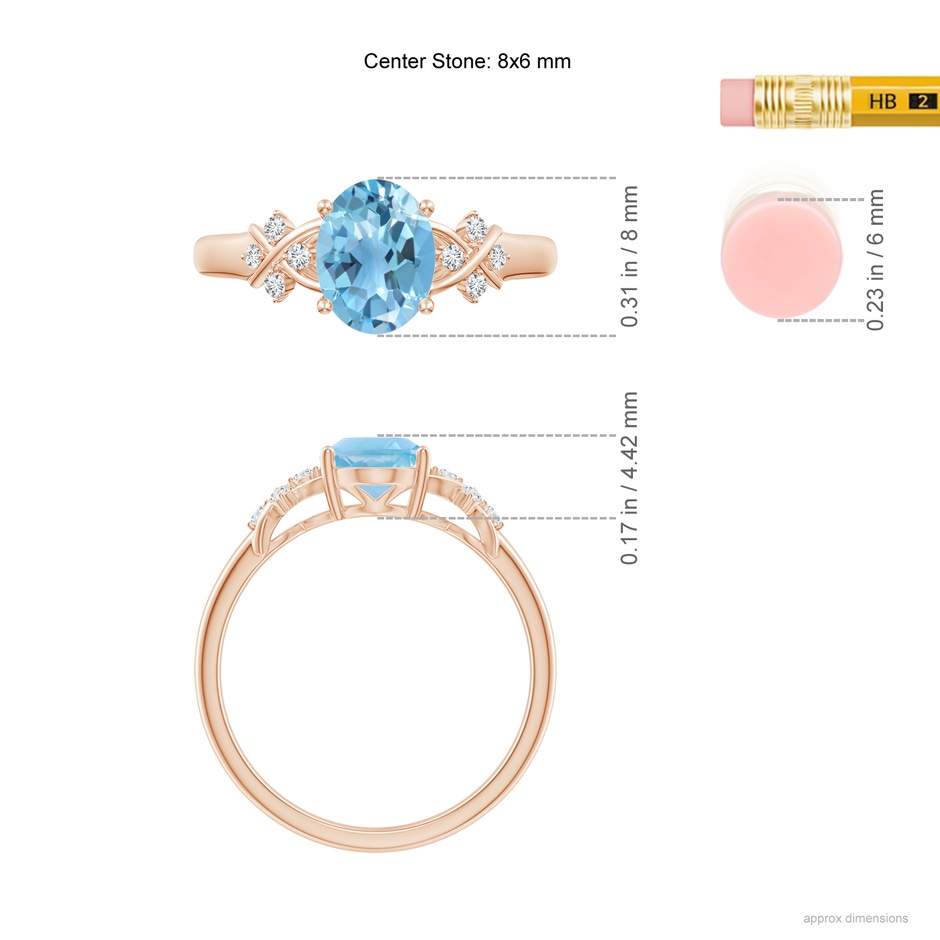 8x6mm A Solitaire Oval Swiss Blue Topaz Criss Cross Ring with Diamonds in Rose Gold ruler