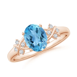 8x6mm AA Solitaire Oval Swiss Blue Topaz Criss Cross Ring with Diamonds in 9K Rose Gold