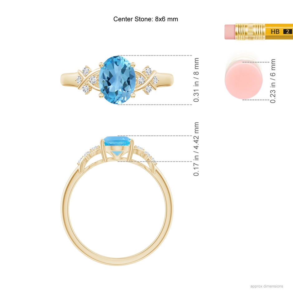8x6mm AA Solitaire Oval Swiss Blue Topaz Criss Cross Ring with Diamonds in Yellow Gold ruler