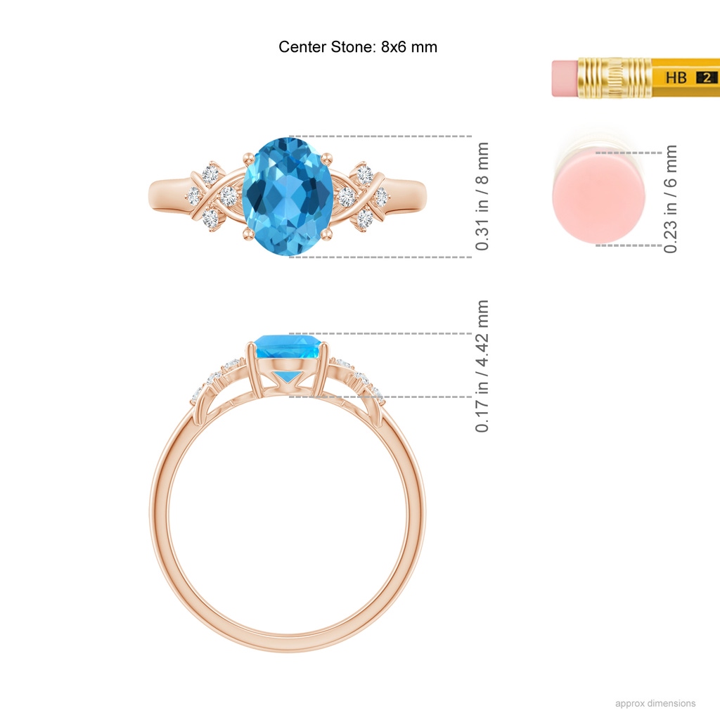 8x6mm AAA Solitaire Oval Swiss Blue Topaz Criss Cross Ring with Diamonds in 9K Rose Gold Ruler