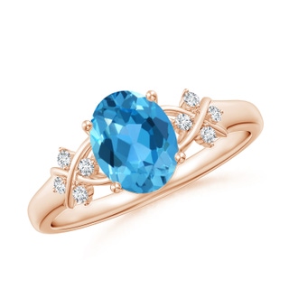 8x6mm AAA Solitaire Oval Swiss Blue Topaz Criss Cross Ring with Diamonds in Rose Gold
