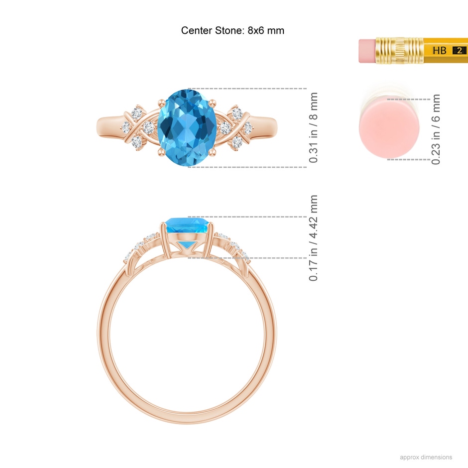 8x6mm AAA Solitaire Oval Swiss Blue Topaz Criss Cross Ring with Diamonds in Rose Gold ruler