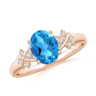 8x6mm AAAA Solitaire Oval Swiss Blue Topaz Criss Cross Ring with Diamonds in 9K Rose Gold
