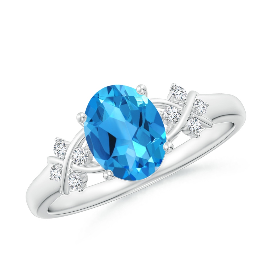 8x6mm AAAA Solitaire Oval Swiss Blue Topaz Criss Cross Ring with Diamonds in White Gold 