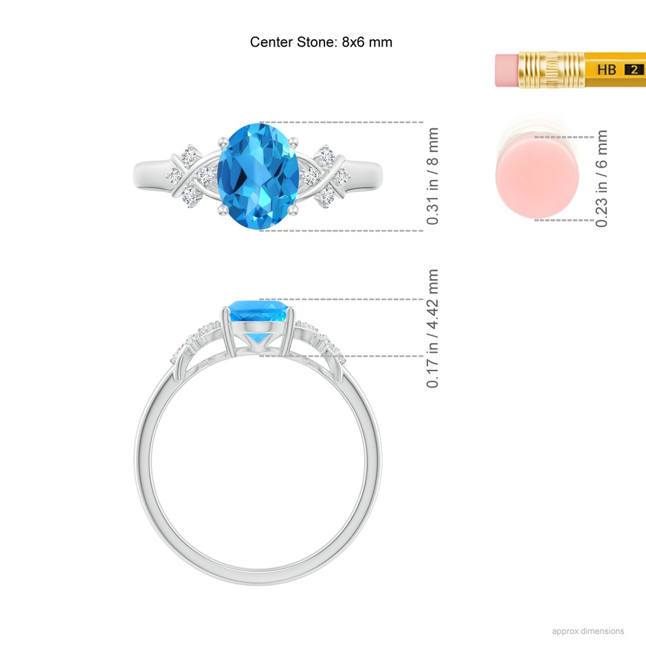 8x6mm AAAA Solitaire Oval Swiss Blue Topaz Criss Cross Ring with Diamonds in White Gold ruler