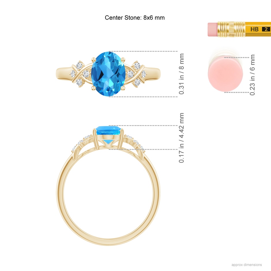 8x6mm AAAA Solitaire Oval Swiss Blue Topaz Criss Cross Ring with Diamonds in Yellow Gold ruler