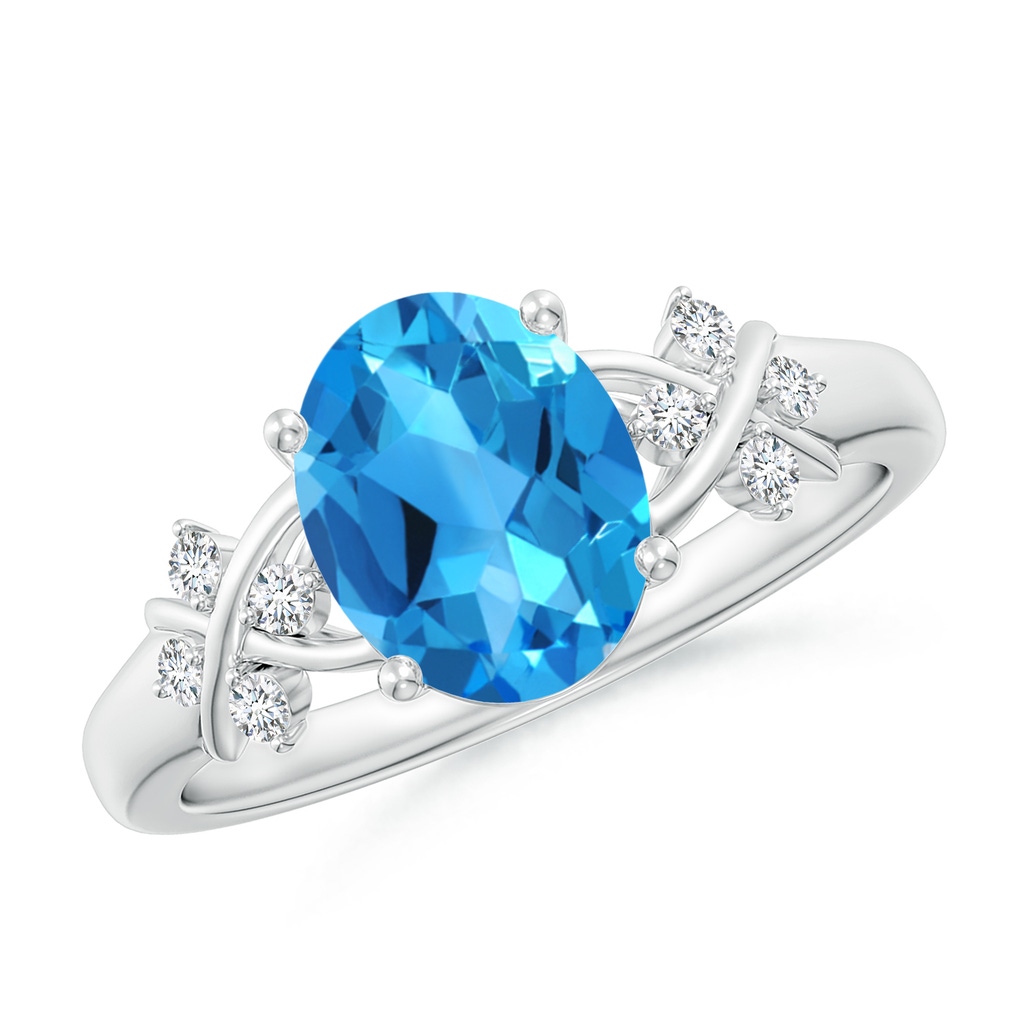 9x7mm AAAA Solitaire Oval Swiss Blue Topaz Criss Cross Ring with Diamonds in White Gold