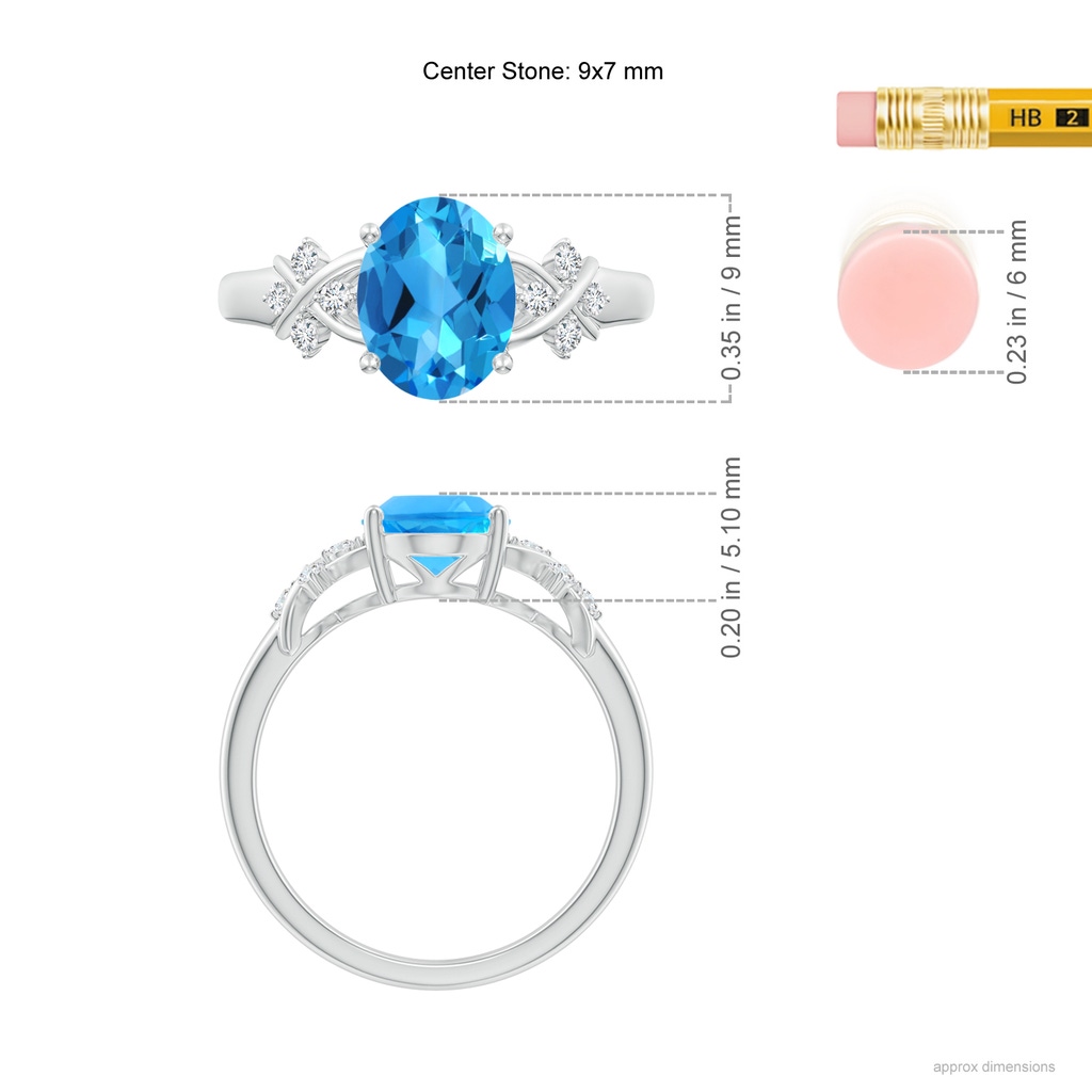 9x7mm AAAA Solitaire Oval Swiss Blue Topaz Criss Cross Ring with Diamonds in White Gold Ruler