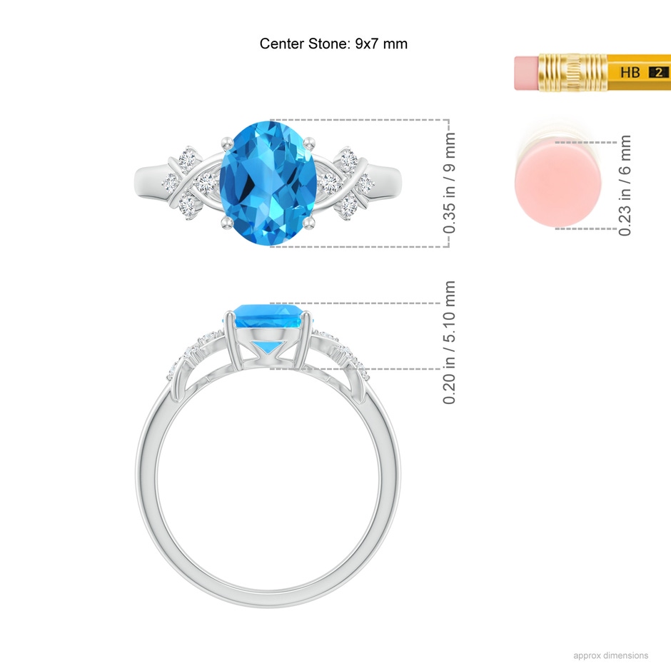 9x7mm AAAA Solitaire Oval Swiss Blue Topaz Criss Cross Ring with Diamonds in White Gold ruler