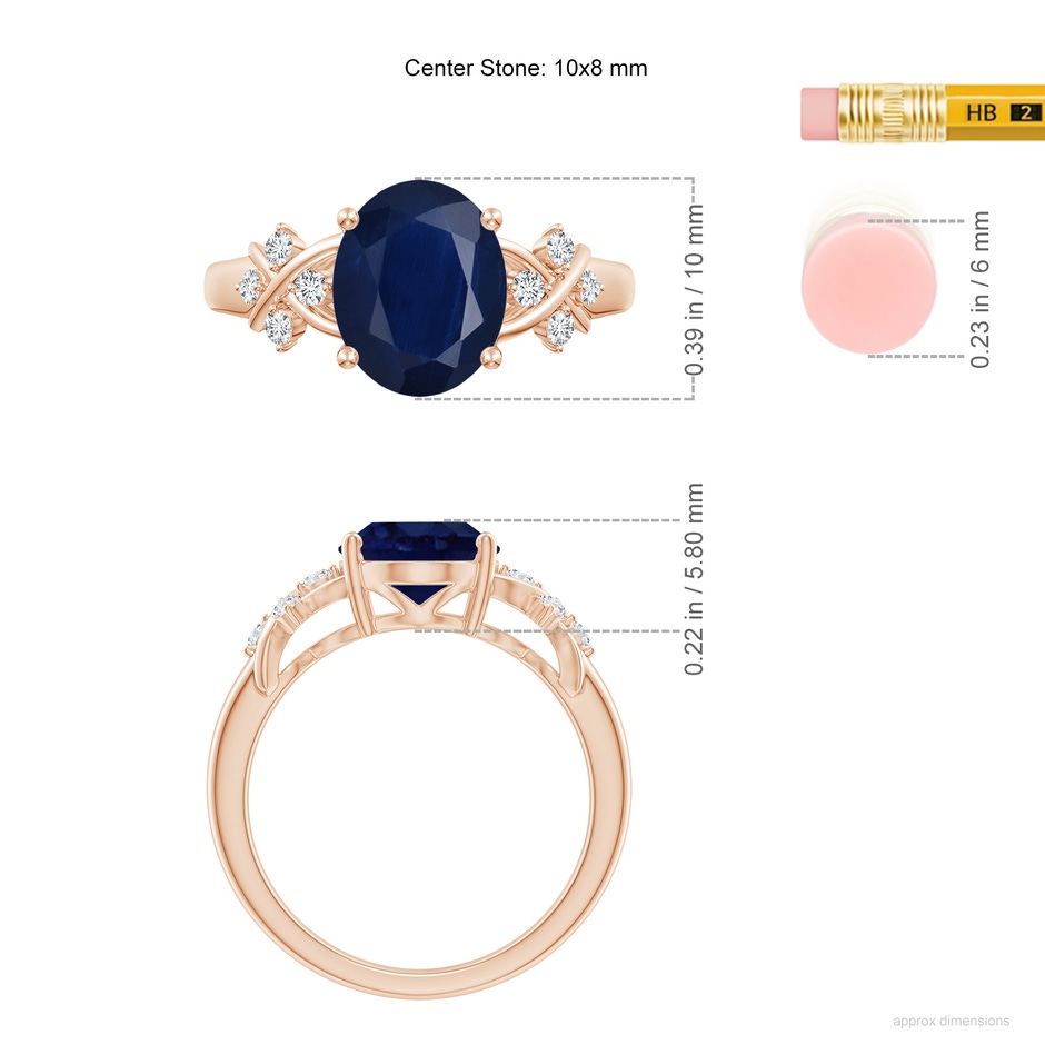 10x8mm A Solitaire Oval Blue Sapphire Criss Cross Ring with Diamonds in Rose Gold ruler