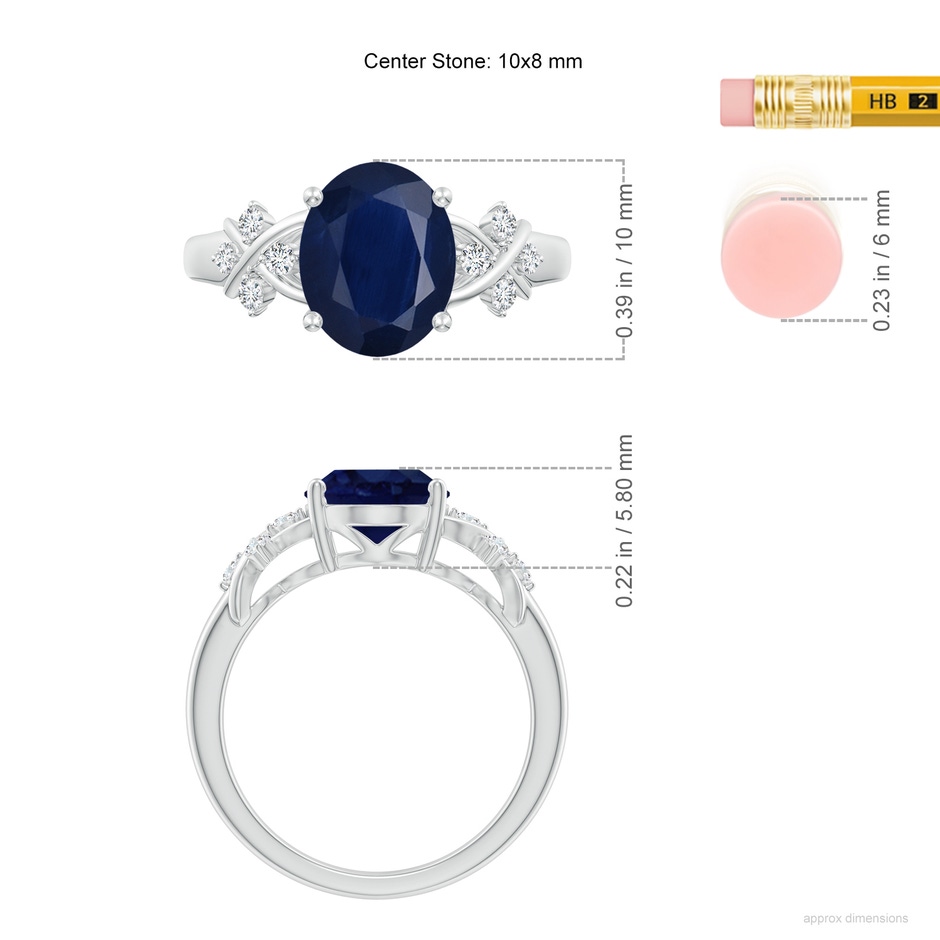 10x8mm A Solitaire Oval Blue Sapphire Criss Cross Ring with Diamonds in White Gold ruler